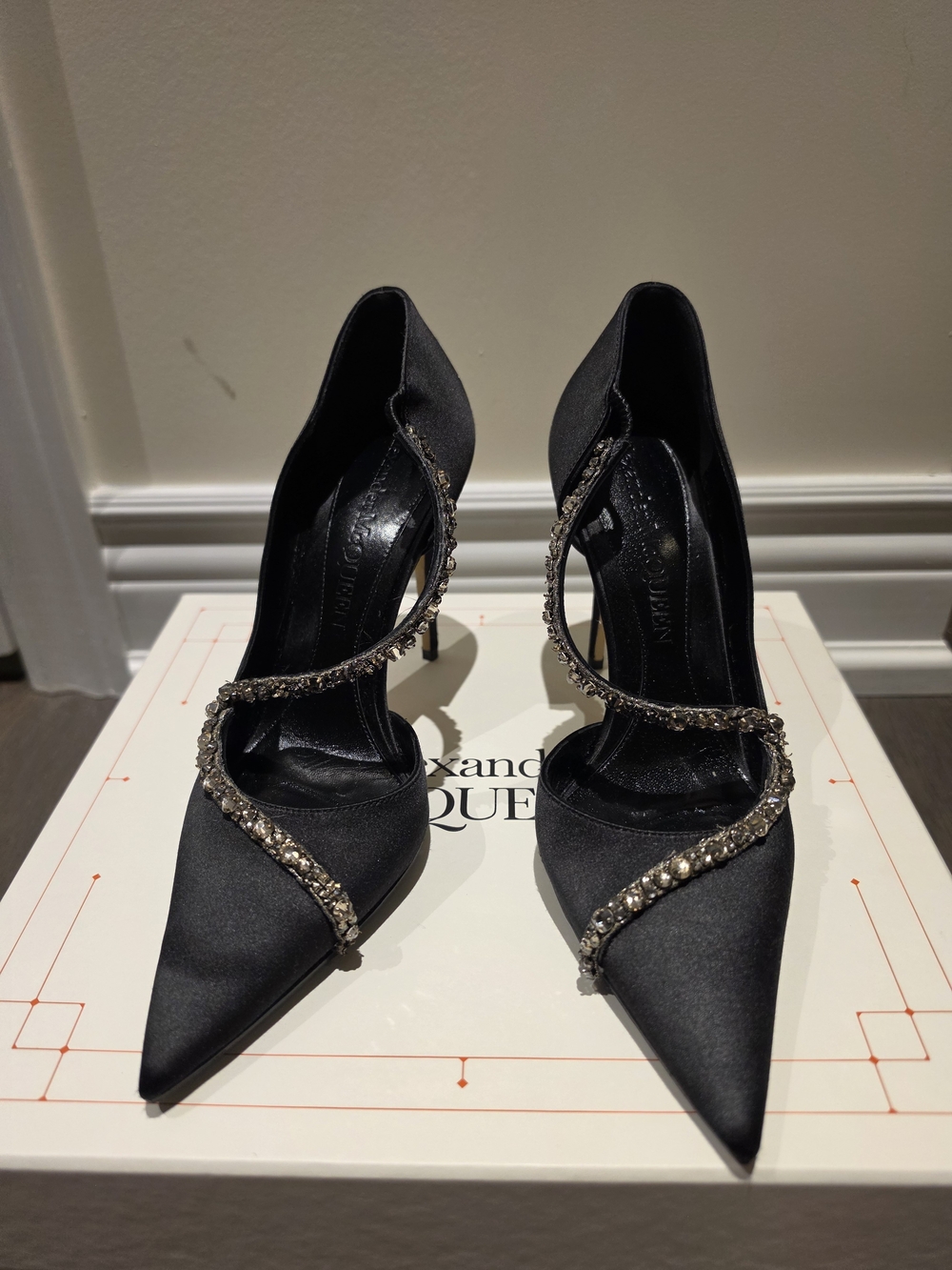 Alexander McQueen Black Satin Crystal-Trimmed Pointed Heels